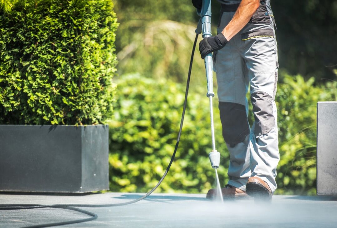 Person using a pressure washer to clean an outdoor concrete surface near a large potted shrub.