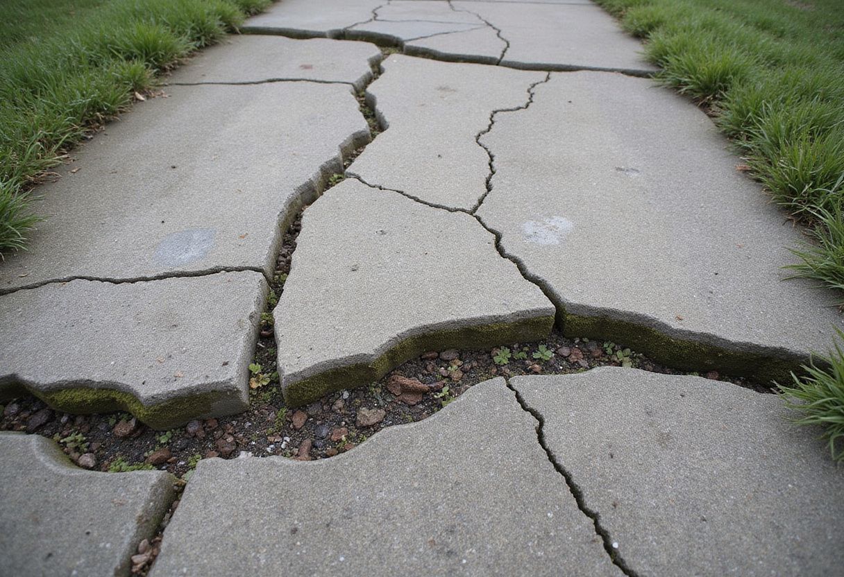 Deteriorated residential driveway shows extensive cracks and moss growth. Deteriorated residential driveway shows extensive cracks and moss growth.